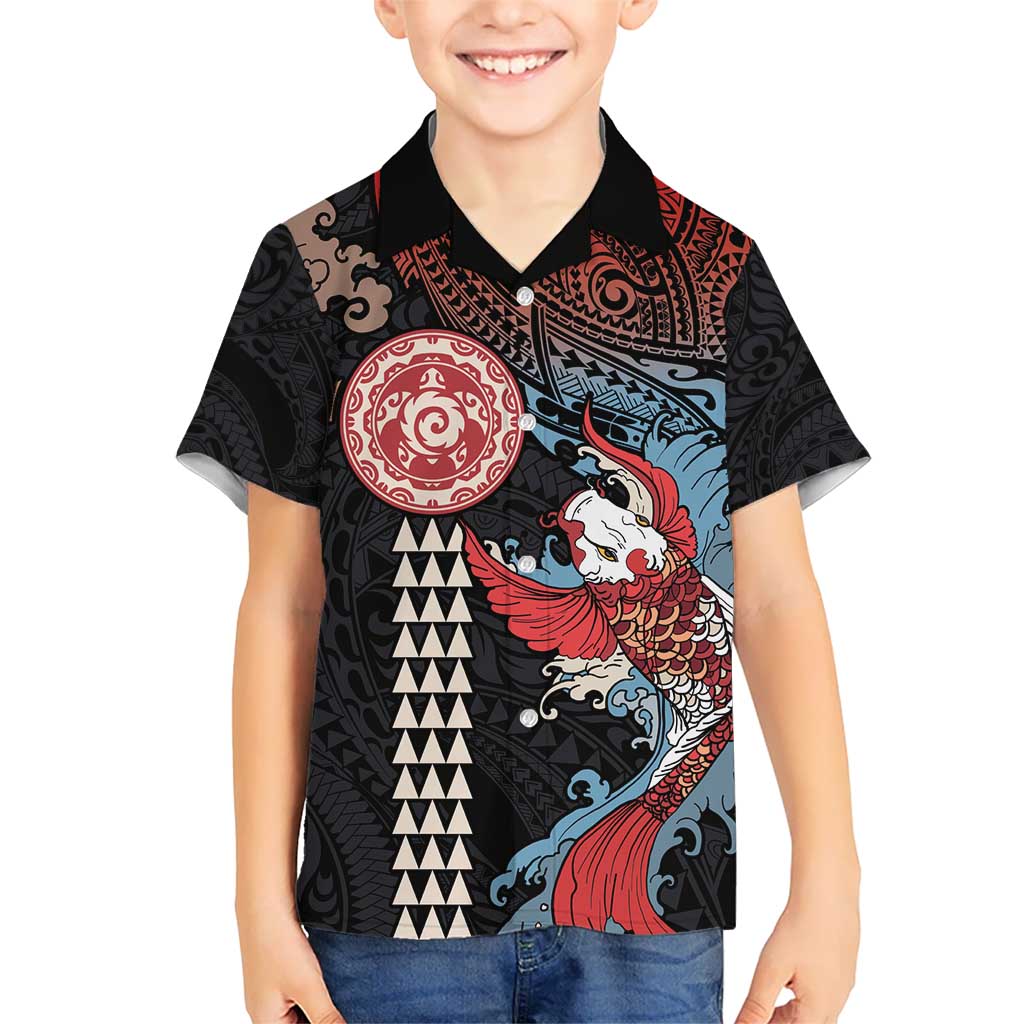 Hawaii and Japanese Together Kid Hawaiian Shirt Koi Fish and Kakau Pattern LT03 Kid Black - Polynesian Pride