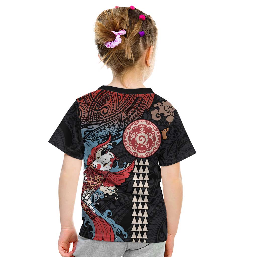 Hawaii and Japanese Together Kid T Shirt Koi Fish and Kakau Pattern LT03 - Polynesian Pride