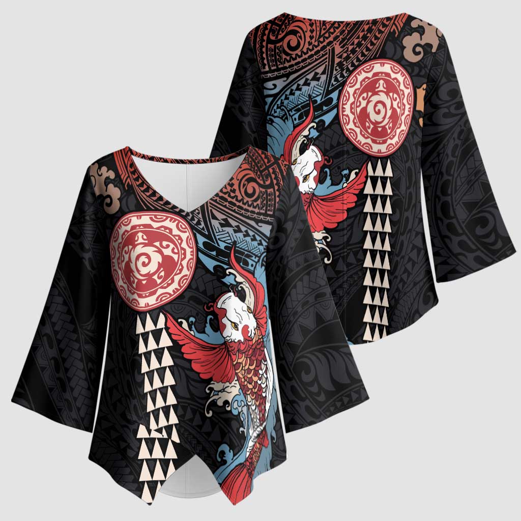 Hawaii and Japanese Together Kimono Sleeve Blouse Koi Fish and Kakau Pattern - Polynesian Pride