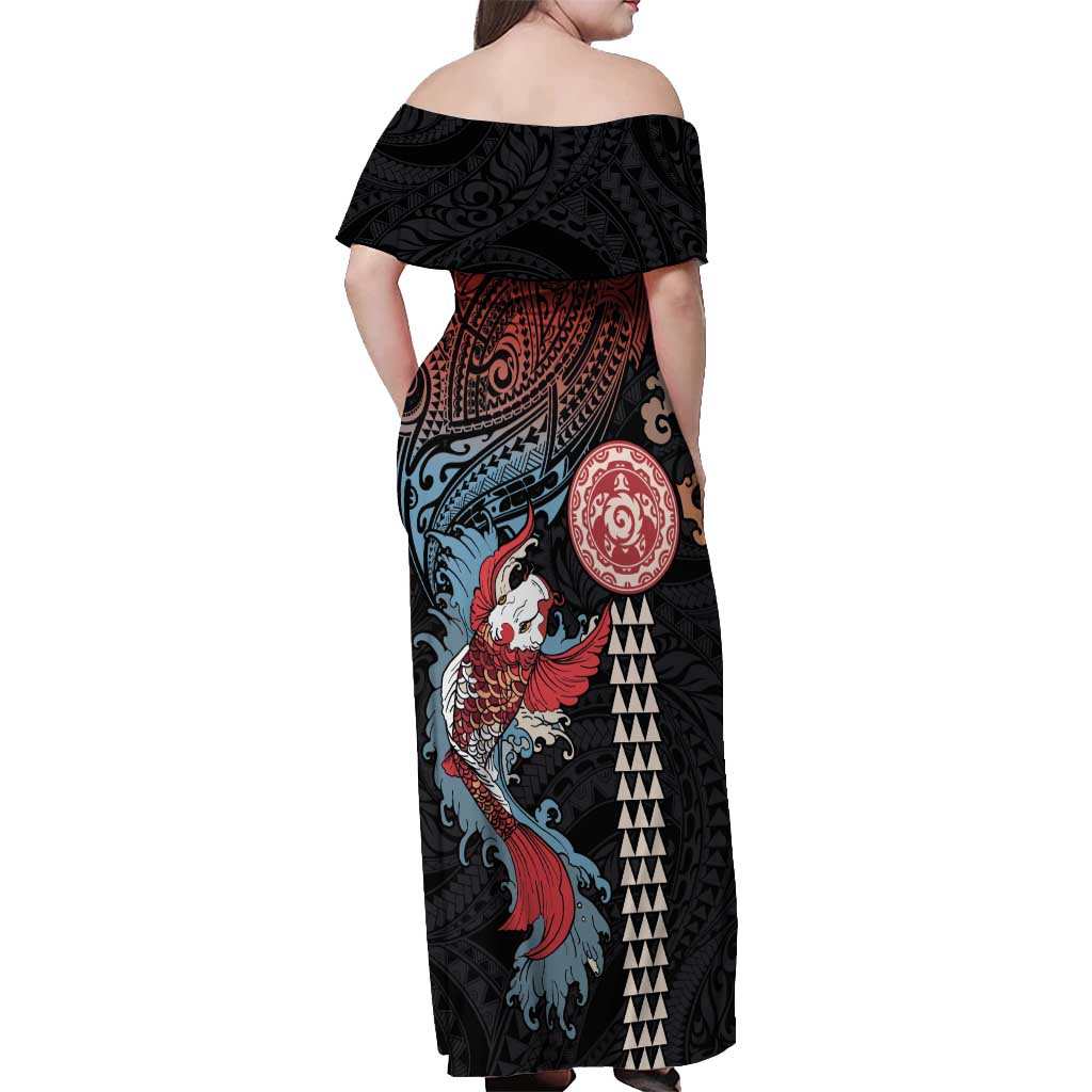 Hawaii and Japanese Together Off Shoulder Maxi Dress Koi Fish and Kakau Pattern