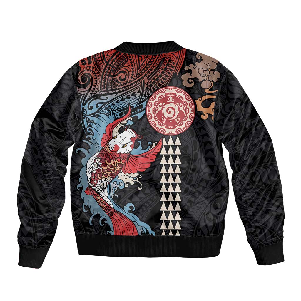 Hawaii and Japanese Together Sleeve Zip Bomber Jacket Koi Fish and Kakau Pattern