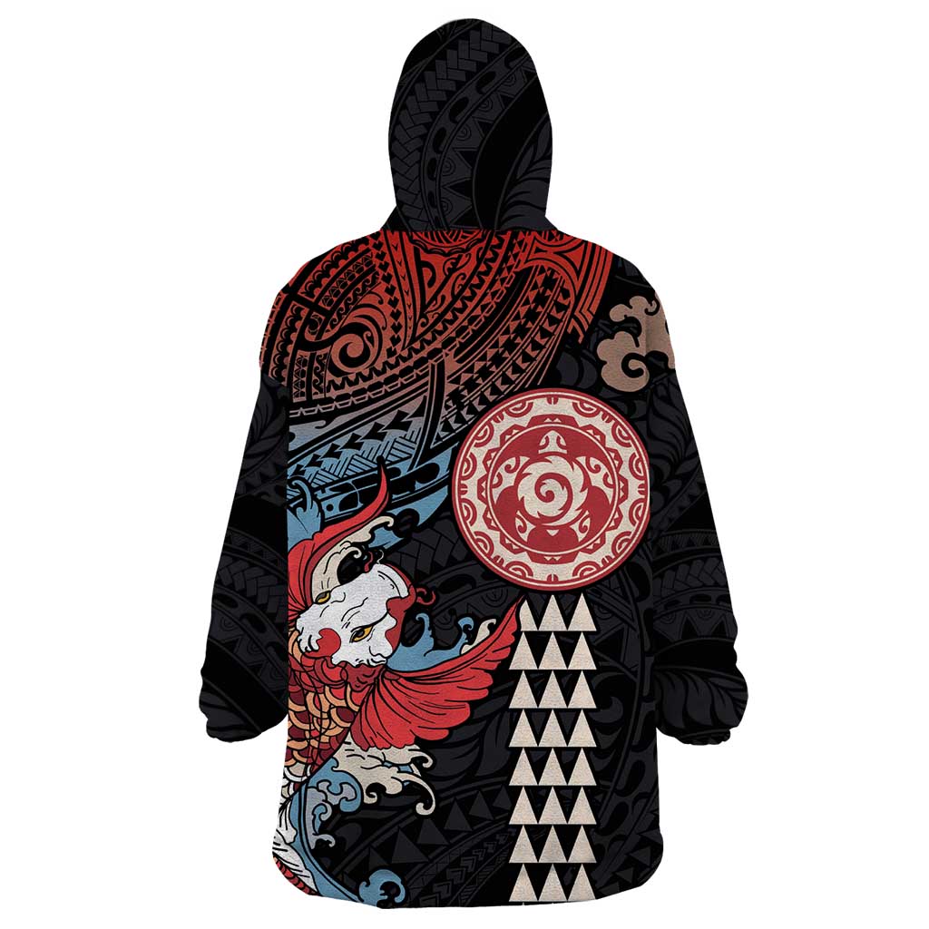 Hawaii and Japanese Together Wearable Blanket Hoodie Koi Fish and Kakau Pattern