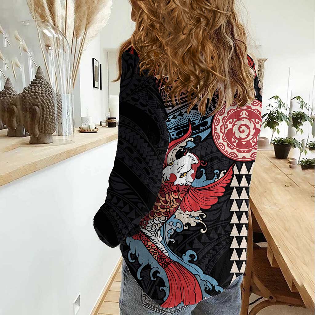 Hawaii and Japanese Together Women Casual Shirt Koi Fish and Kakau Pattern