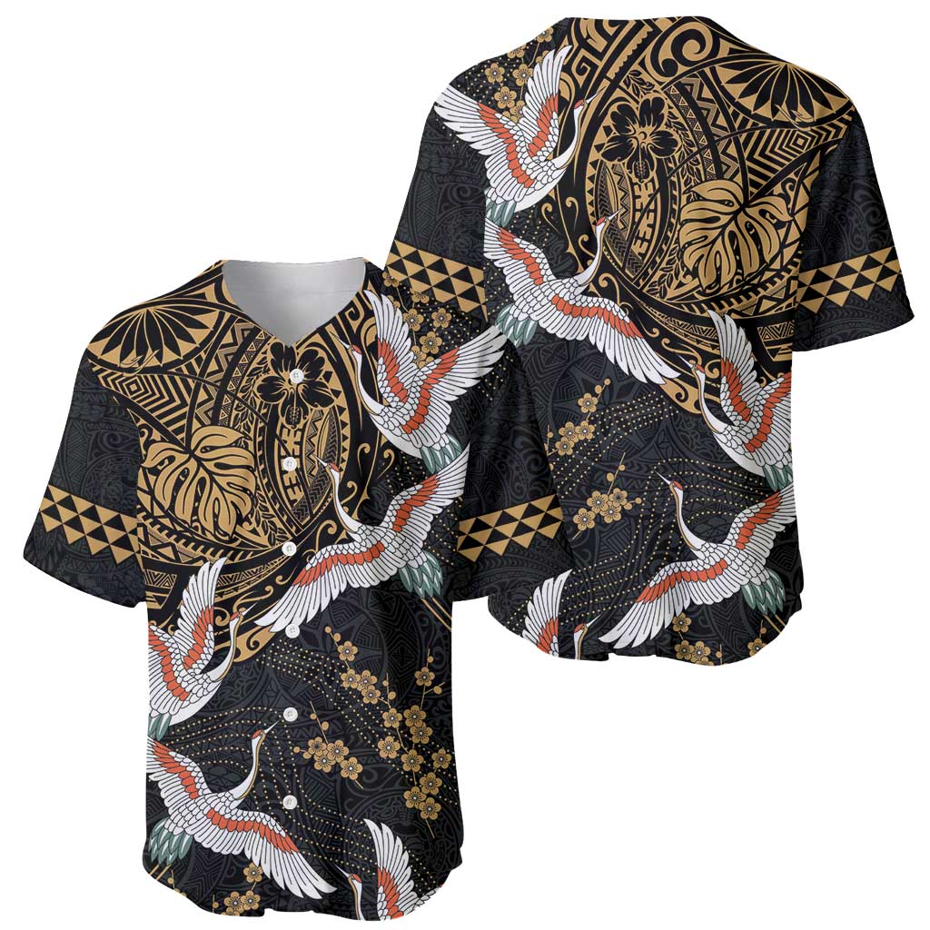 Hawaii and Japanese Together Baseball Jersey Cranes Birds with Kakau Pattern