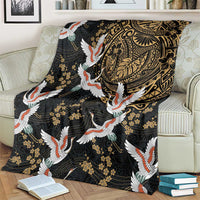 Hawaii and Japanese Together Blanket Cranes Birds with Kakau Pattern