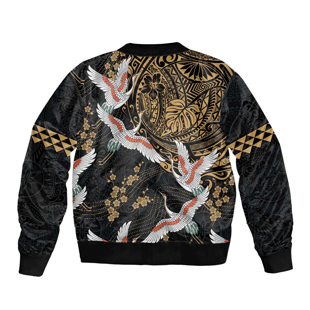 Hawaii and Japanese Together Bomber Jacket Cranes Birds with Kakau Pattern