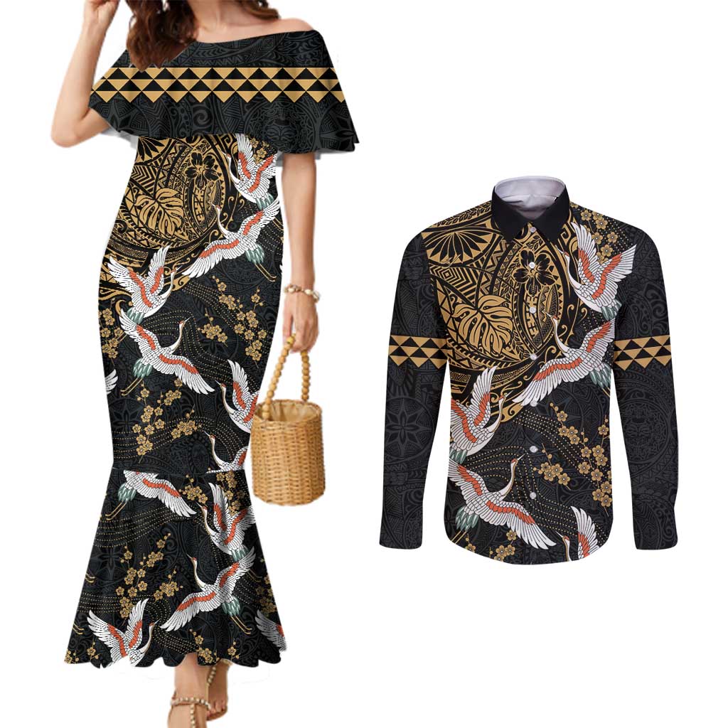 Hawaii and Japanese Together Couples Matching Mermaid Dress and Long Sleeve Button Shirt Cranes Birds with Kakau Pattern