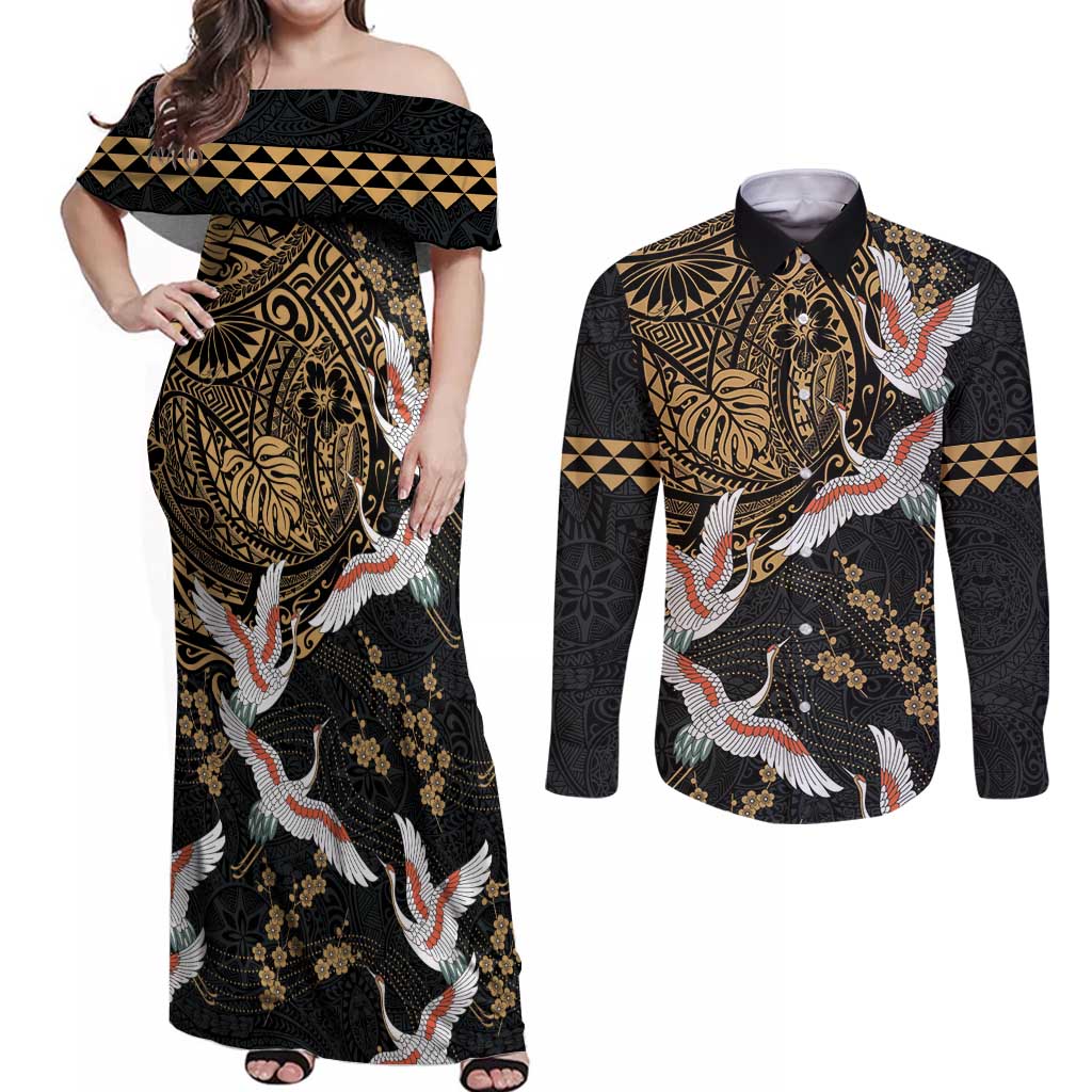 Hawaii and Japanese Together Couples Matching Off Shoulder Maxi Dress and Long Sleeve Button Shirt Cranes Birds with Kakau Pattern