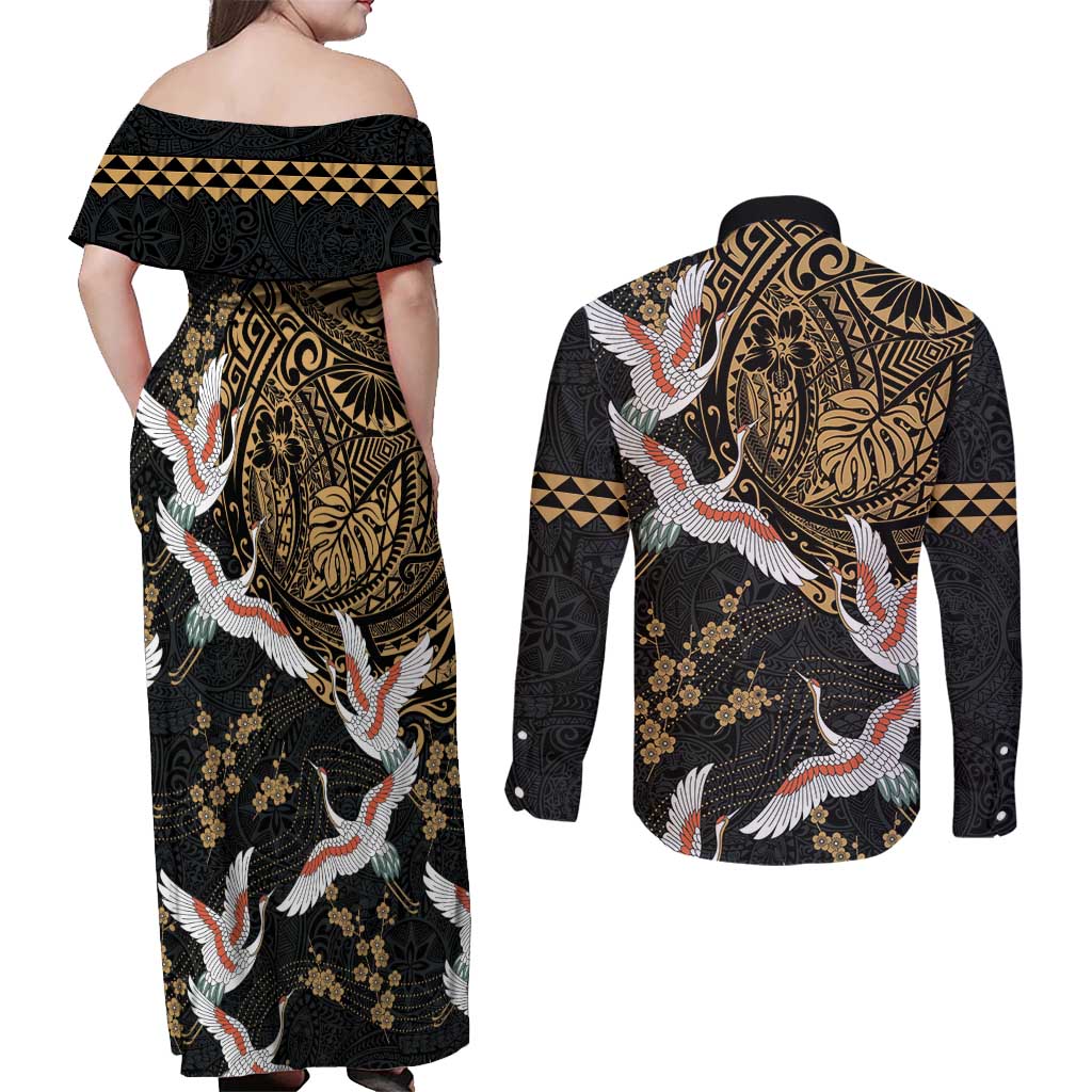 Hawaii and Japanese Together Couples Matching Off Shoulder Maxi Dress and Long Sleeve Button Shirt Cranes Birds with Kakau Pattern