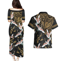 Hawaii and Japanese Together Couples Matching Puletasi and Hawaiian Shirt Cranes Birds with Kakau Pattern