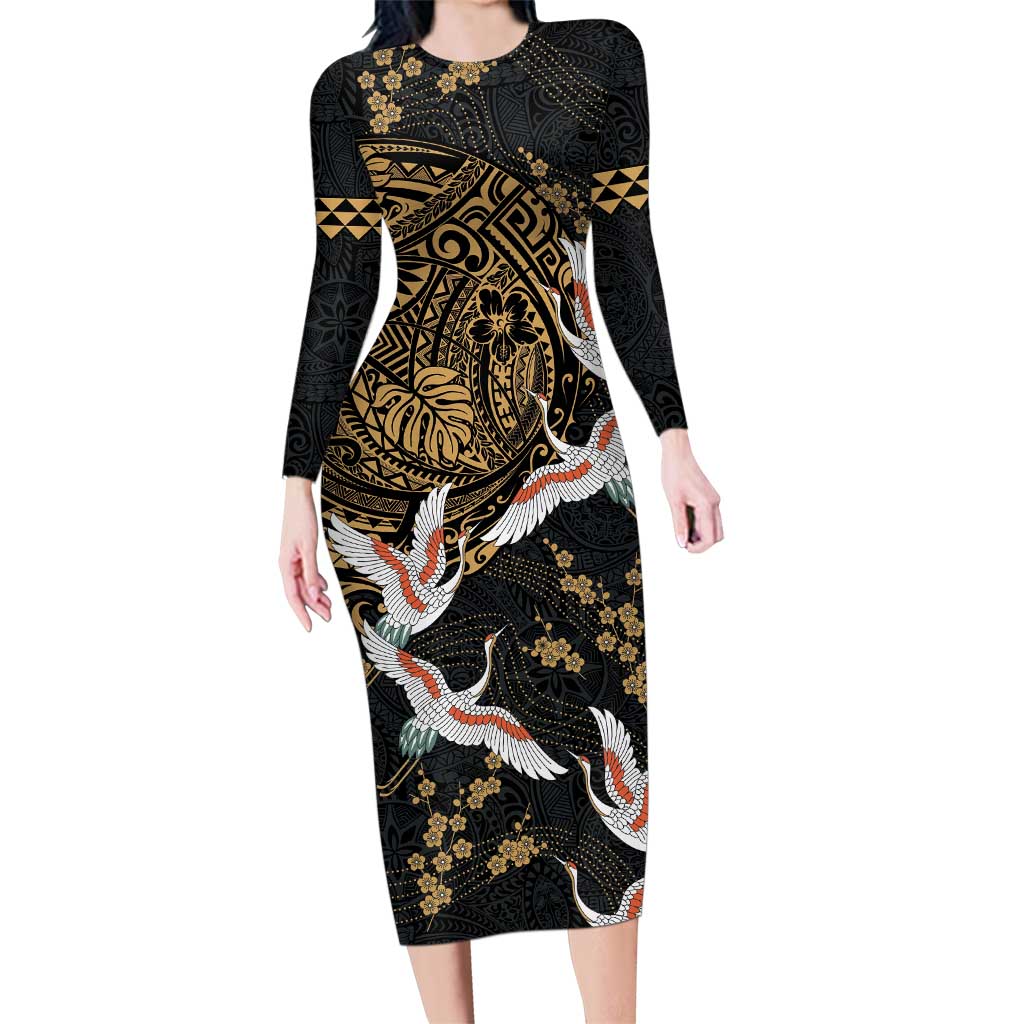 Hawaii and Japanese Together Family Matching Long Sleeve Bodycon Dress and Hawaiian Shirt Cranes Birds with Kakau Pattern