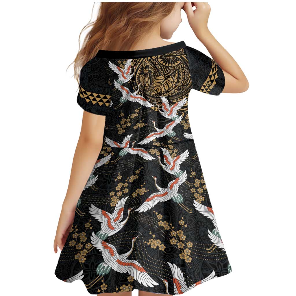 Hawaii and Japanese Together Family Matching Mermaid Dress and Hawaiian Shirt Cranes Birds with Kakau Pattern
