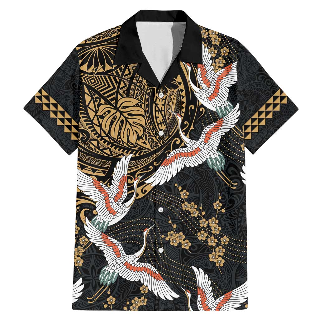 Hawaii and Japanese Together Family Matching Mermaid Dress and Hawaiian Shirt Cranes Birds with Kakau Pattern