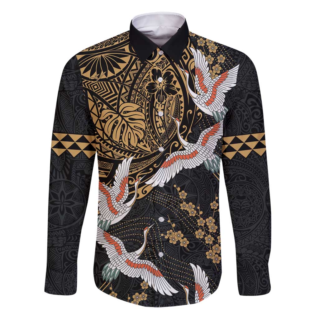 Hawaii and Japanese Together Family Matching Off Shoulder Maxi Dress and Hawaiian Shirt Cranes Birds with Kakau Pattern