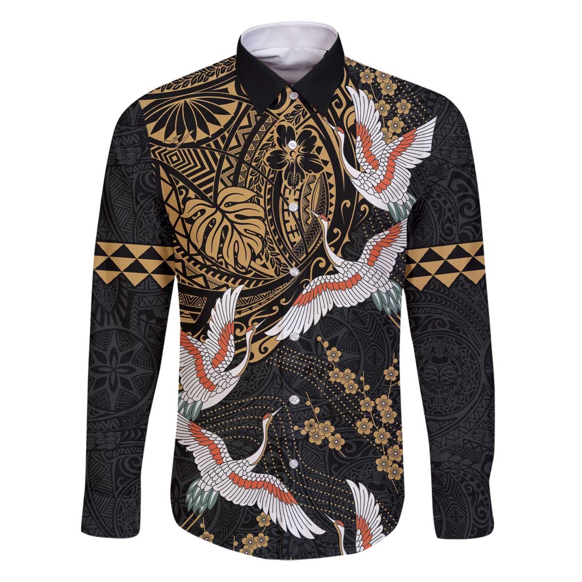 Hawaii and Japanese Together Family Matching Puletasi and Hawaiian Shirt Cranes Birds with Kakau Pattern