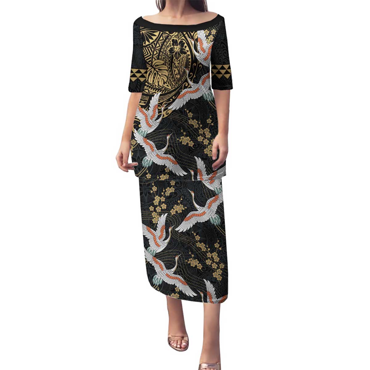 Hawaii and Japanese Together Family Matching Puletasi and Hawaiian Shirt Cranes Birds with Kakau Pattern