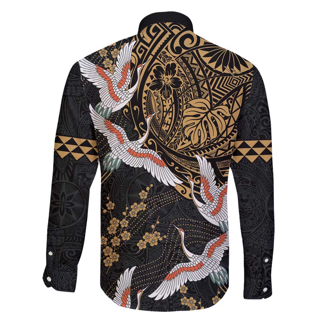 Hawaii and Japanese Together Family Matching Tank Maxi Dress and Hawaiian Shirt Cranes Birds with Kakau Pattern