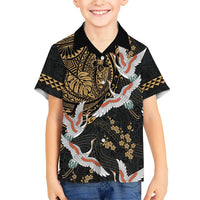 Hawaii and Japanese Together Kid Hawaiian Shirt Cranes Birds with Kakau Pattern