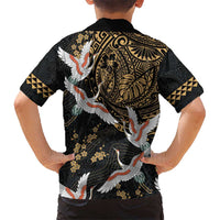 Hawaii and Japanese Together Kid Hawaiian Shirt Cranes Birds with Kakau Pattern