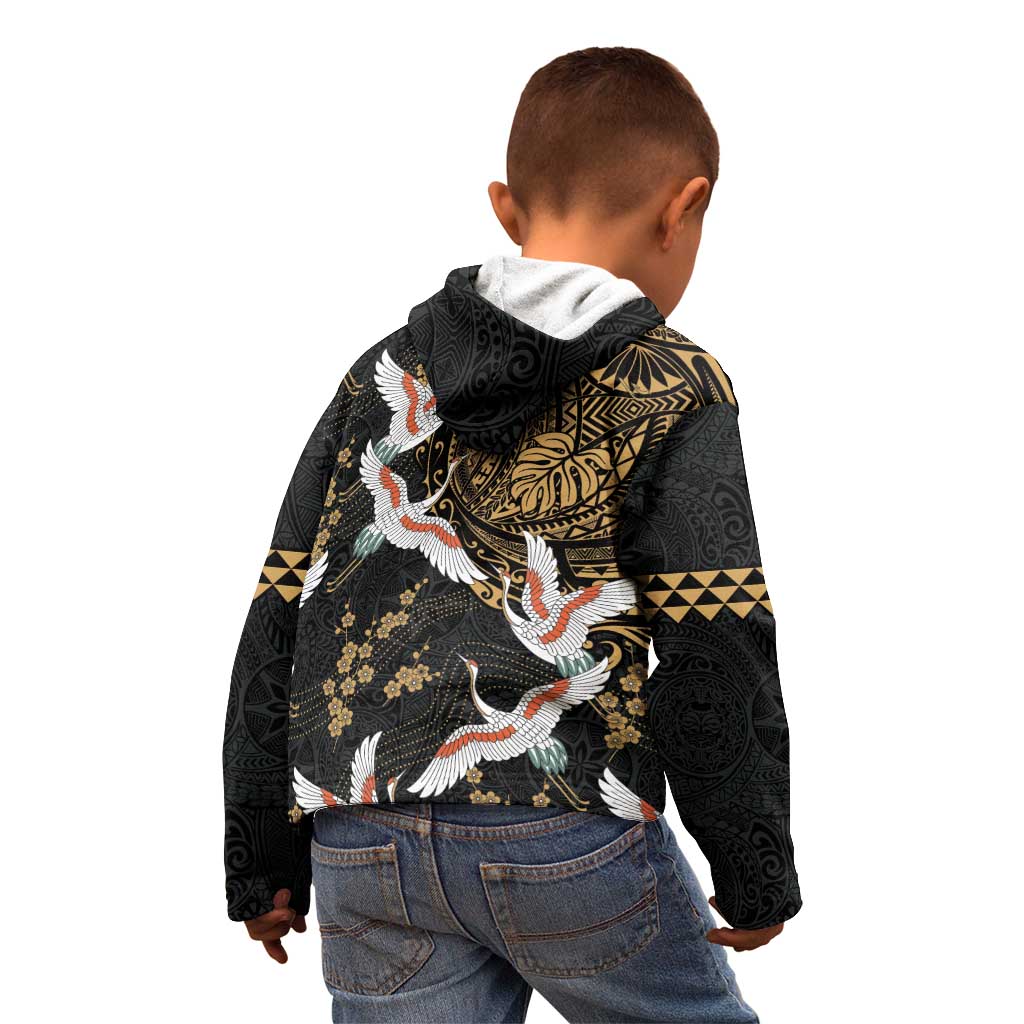 Hawaii and Japanese Together Kid Hoodie Cranes Birds with Kakau Pattern LT03 - Polynesian Pride