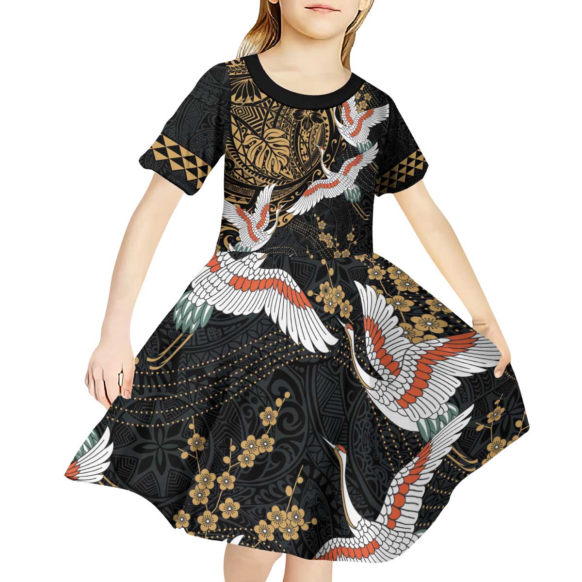 Hawaii and Japanese Together Kid Short Sleeve Dress Cranes Birds with Kakau Pattern