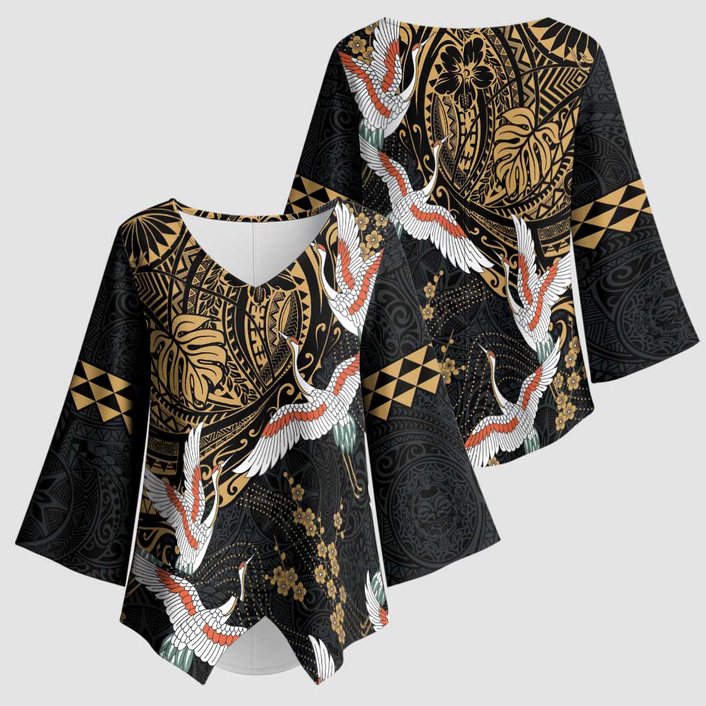 Hawaii and Japanese Together Kimono Sleeve Blouse Cranes Birds with Kakau Pattern - Polynesian Pride