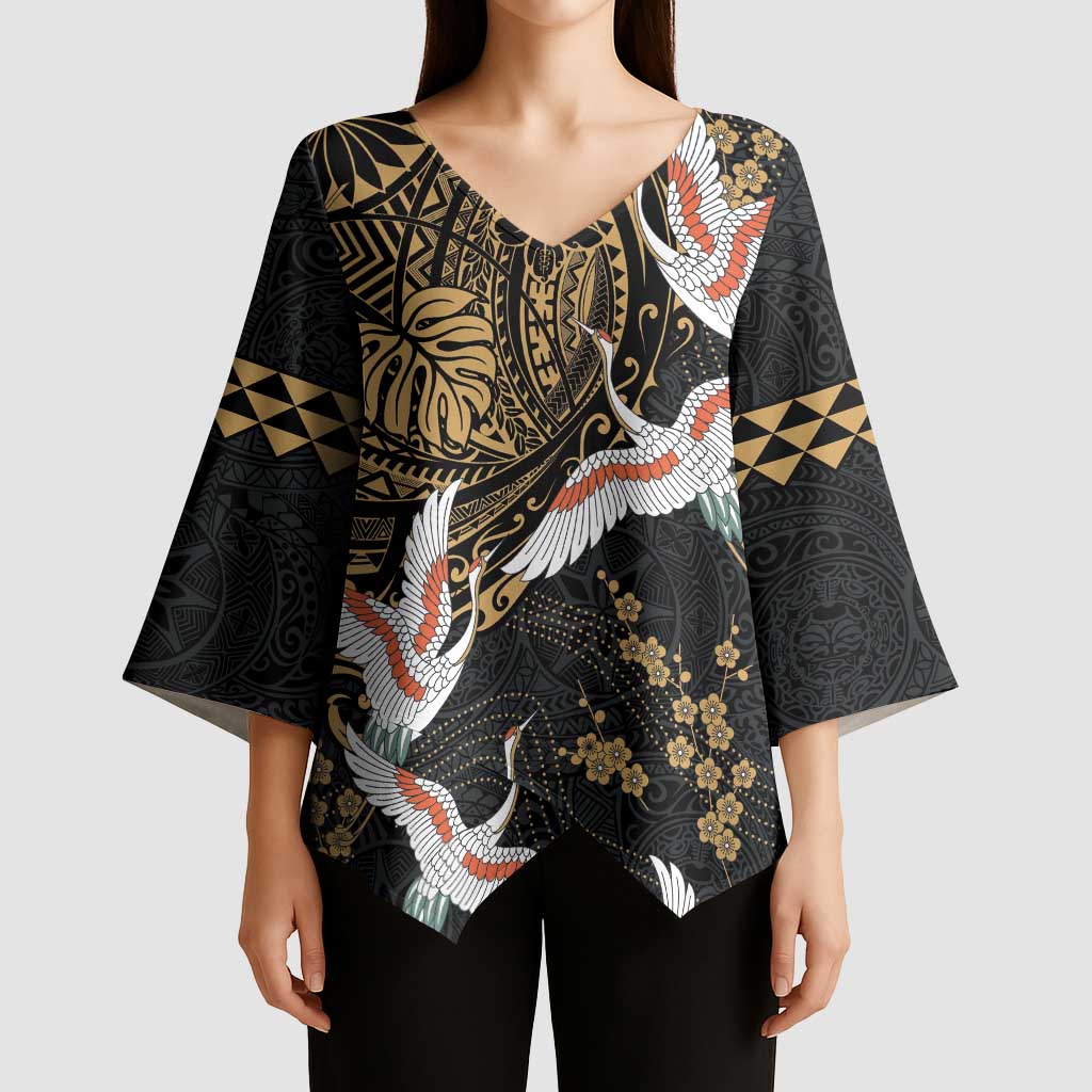 Hawaii and Japanese Together Kimono Sleeve Blouse Cranes Birds with Kakau Pattern - Polynesian Pride