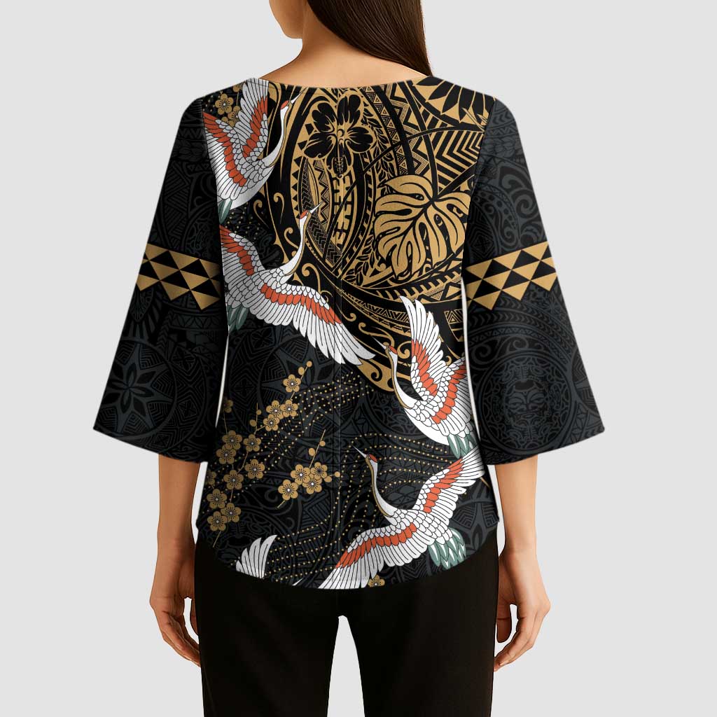 Hawaii and Japanese Together Kimono Sleeve Blouse Cranes Birds with Kakau Pattern - Polynesian Pride