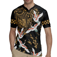 Hawaii and Japanese Together Rugby Jersey Cranes Birds with Kakau Pattern