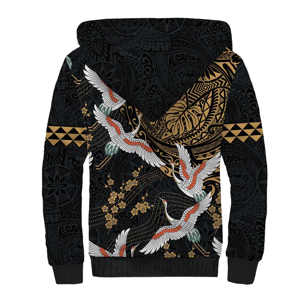 Hawaii and Japanese Together Sherpa Hoodie Cranes Birds with Kakau Pattern