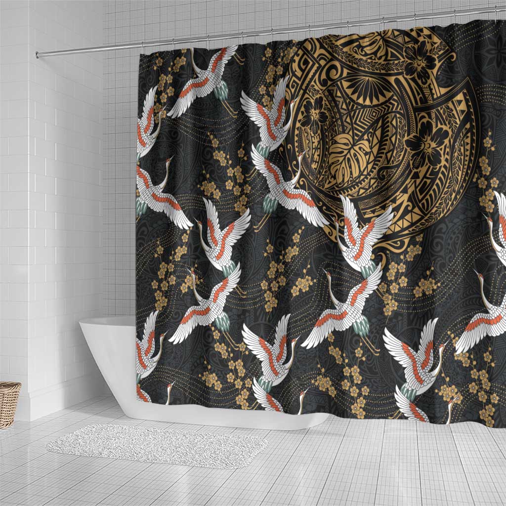 Hawaii and Japanese Together Shower Curtain Cranes Birds with Kakau Pattern
