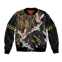 Hawaii and Japanese Together Sleeve Zip Bomber Jacket Cranes Birds with Kakau Pattern