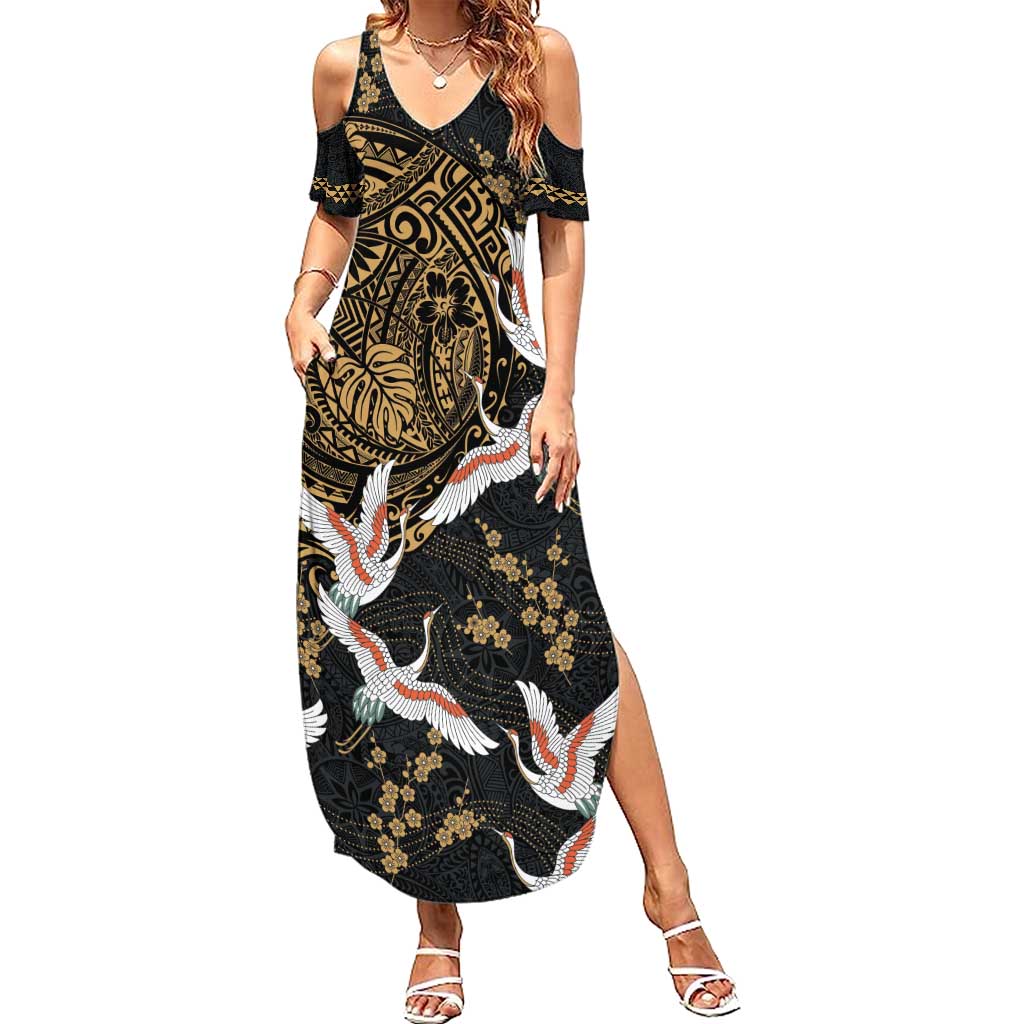 Hawaii and Japanese Together Summer Maxi Dress Cranes Birds with Kakau Pattern