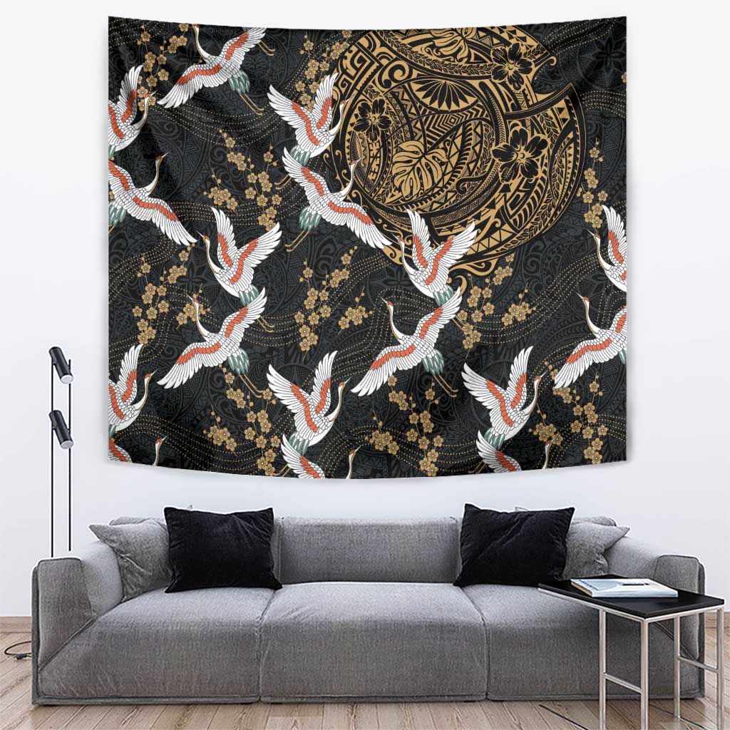 Hawaii and Japanese Together Tapestry Cranes Birds with Kakau Pattern LT03 Black - Polynesian Pride