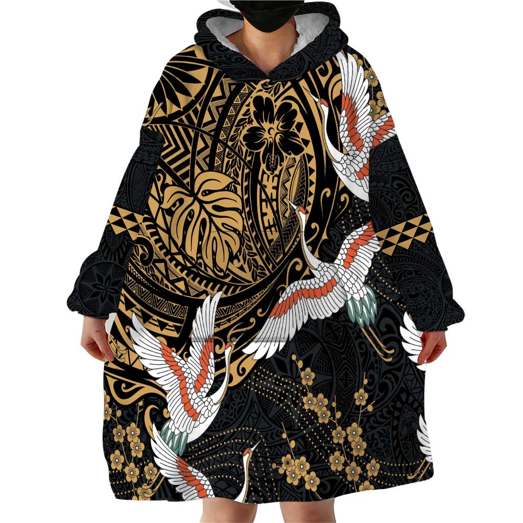 Hawaii and Japanese Together Wearable Blanket Hoodie Cranes Birds with Kakau Pattern