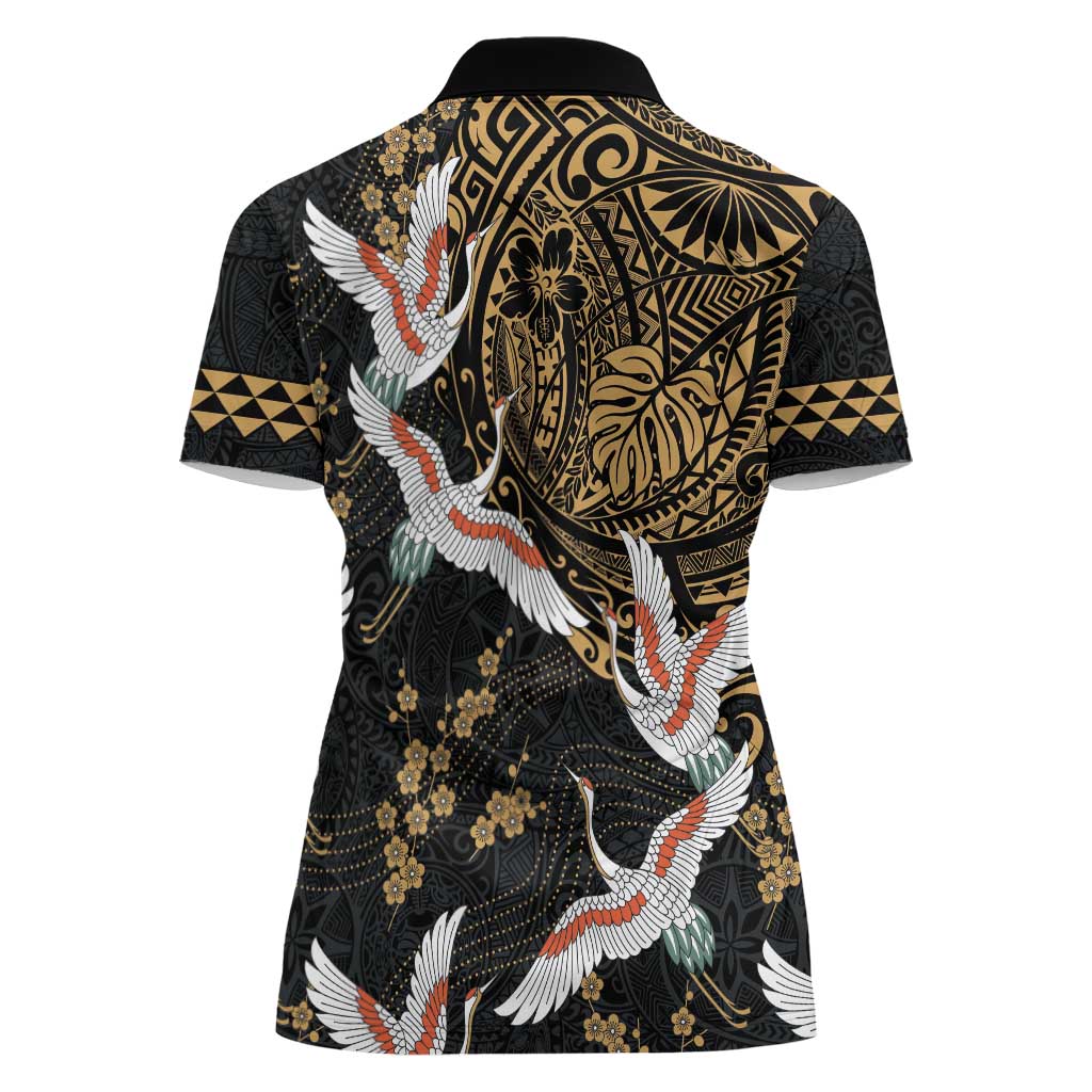 Hawaii and Japanese Together Women Polo Shirt Cranes Birds with Kakau Pattern