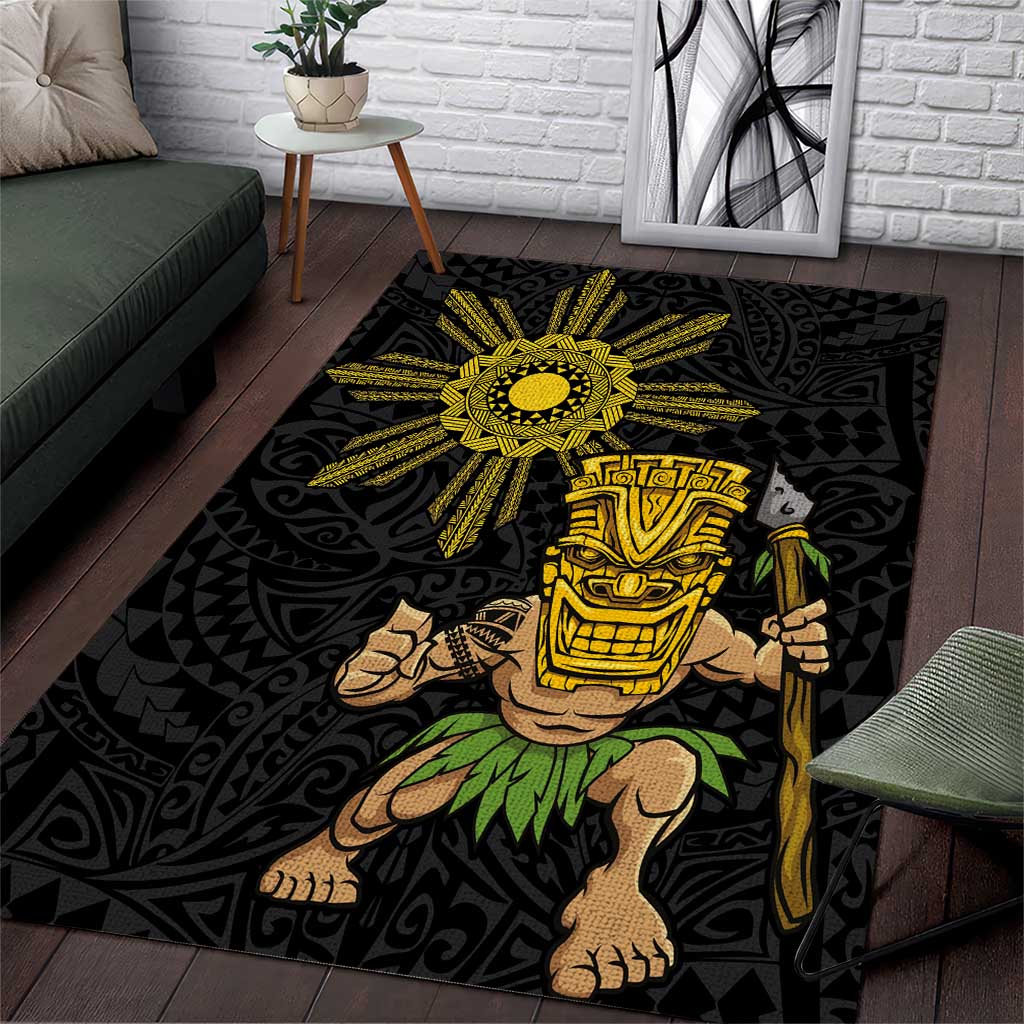 Hawaii and Philippines Together Area Rug Warrior Tiki Mask and Filipino Sun Polynesian Style LT03 Black - Polynesian Pride