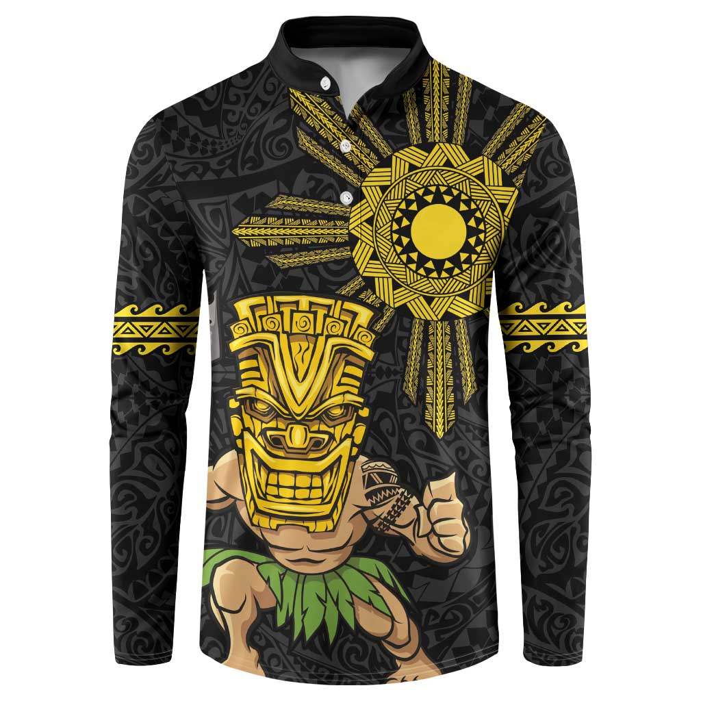 Hawaii and Philippines Together Button Sweatshirt Warrior Tiki Mask and Filipino Sun Polynesian Style LT03 Black - Polynesian Pride