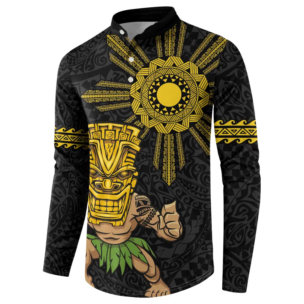 Hawaii and Philippines Together Button Sweatshirt Warrior Tiki Mask and Filipino Sun Polynesian Style LT03 - Polynesian Pride