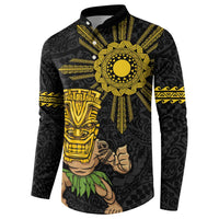Hawaii and Philippines Together Button Sweatshirt Warrior Tiki Mask and Filipino Sun Polynesian Style LT03 - Polynesian Pride