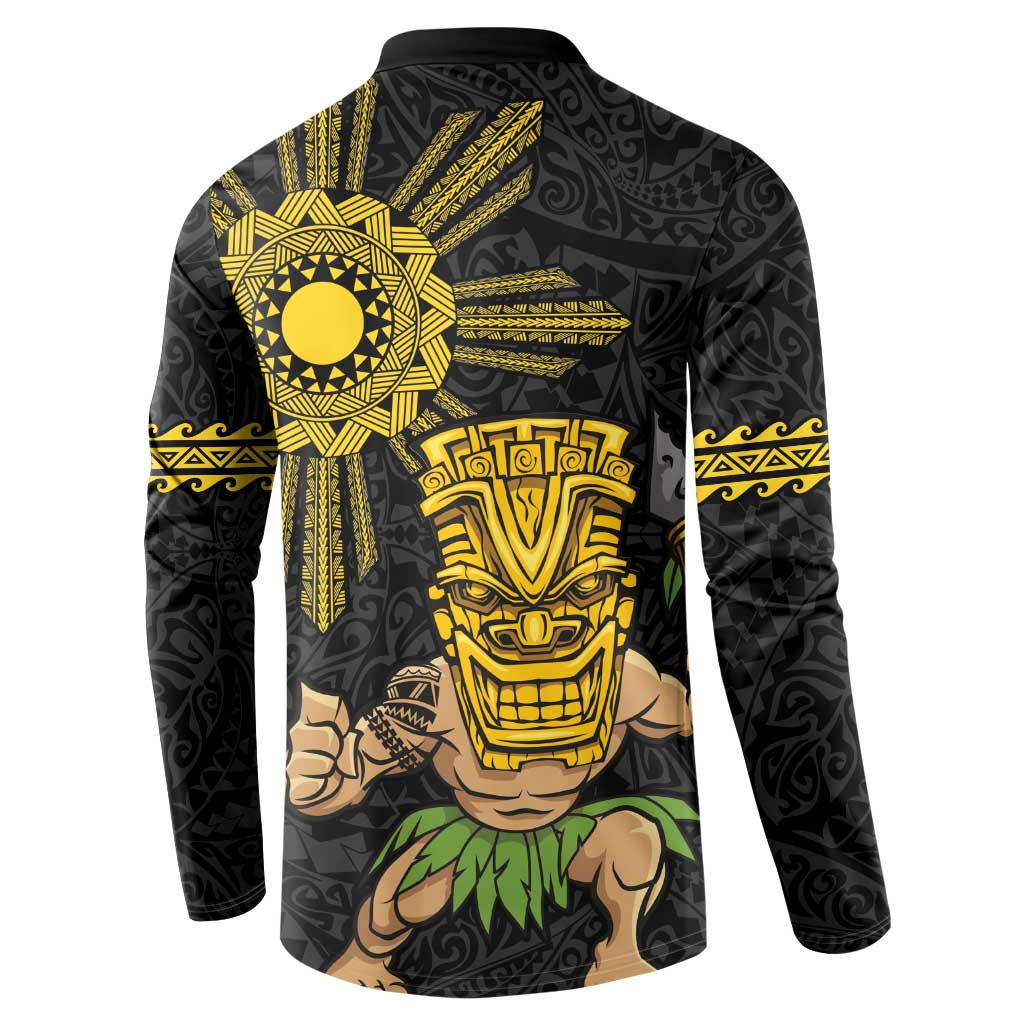 Hawaii and Philippines Together Button Sweatshirt Warrior Tiki Mask and Filipino Sun Polynesian Style LT03 - Polynesian Pride