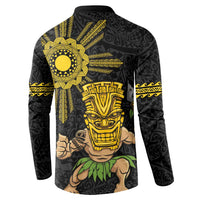 Hawaii and Philippines Together Button Sweatshirt Warrior Tiki Mask and Filipino Sun Polynesian Style LT03 - Polynesian Pride