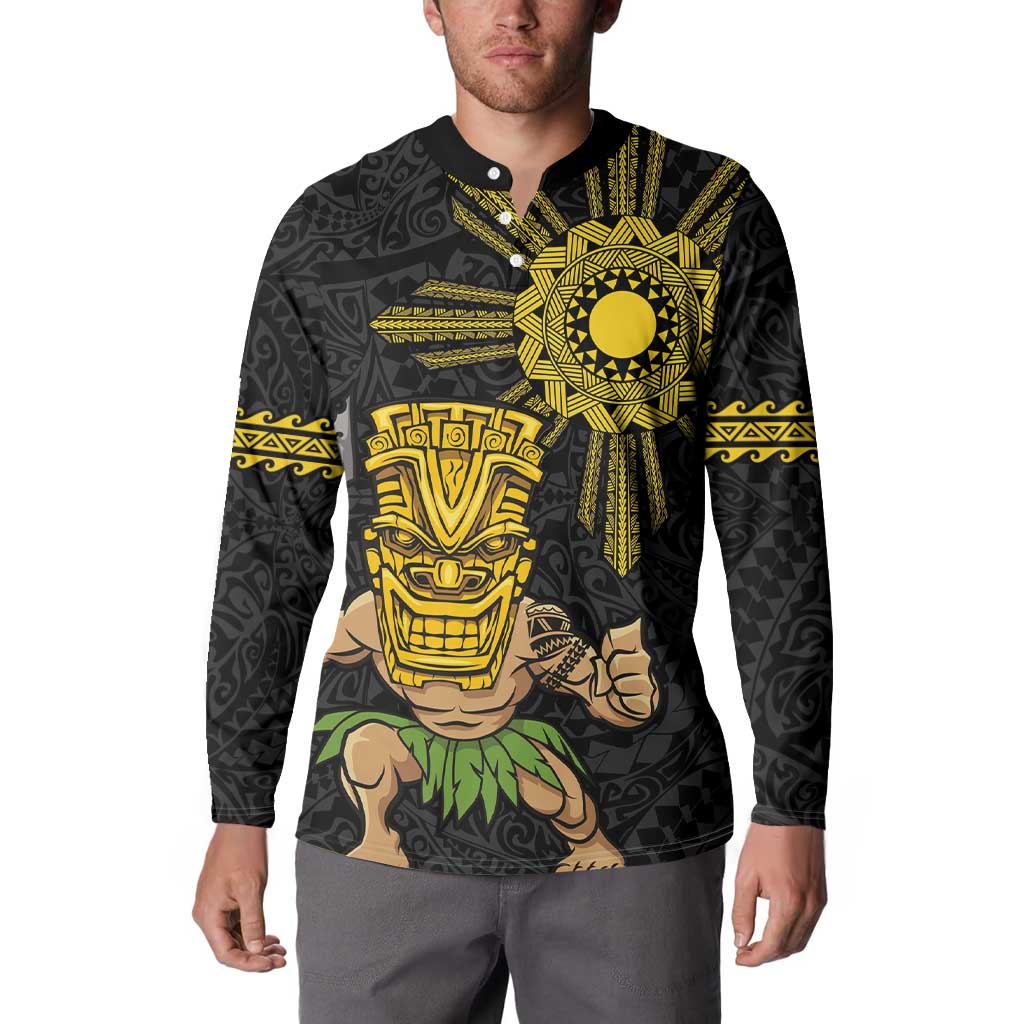 Hawaii and Philippines Together Button Sweatshirt Warrior Tiki Mask and Filipino Sun Polynesian Style LT03 - Polynesian Pride