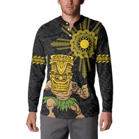 Hawaii and Philippines Together Button Sweatshirt Warrior Tiki Mask and Filipino Sun Polynesian Style LT03 - Polynesian Pride