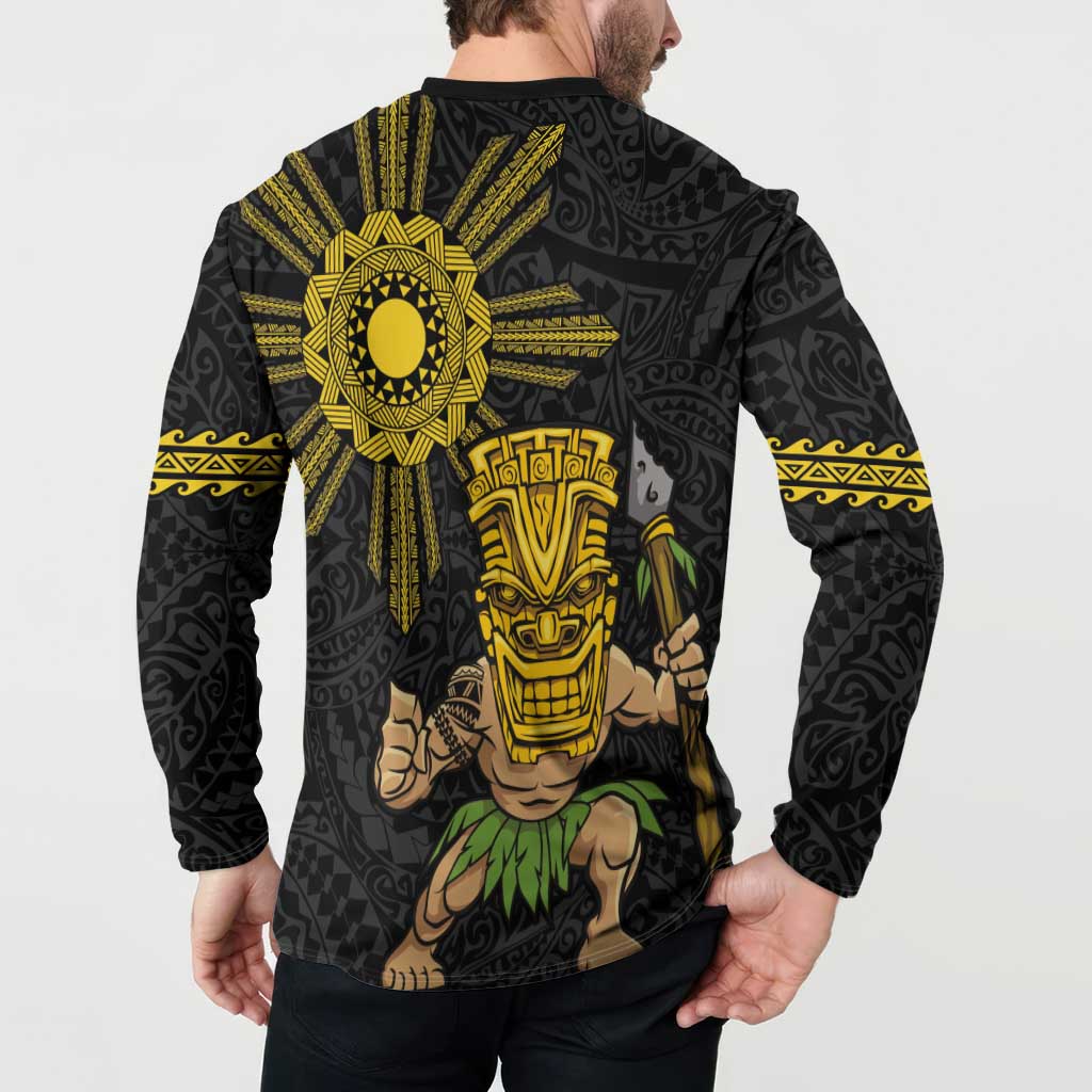 Hawaii and Philippines Together Button Sweatshirt Warrior Tiki Mask and Filipino Sun Polynesian Style LT03 - Polynesian Pride