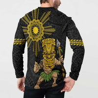 Hawaii and Philippines Together Button Sweatshirt Warrior Tiki Mask and Filipino Sun Polynesian Style LT03 - Polynesian Pride