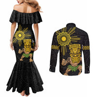 Hawaii and Philippines Together Couples Matching Mermaid Dress and Long Sleeve Button Shirt Warrior Tiki Mask and Filipino Sun Polynesian Style