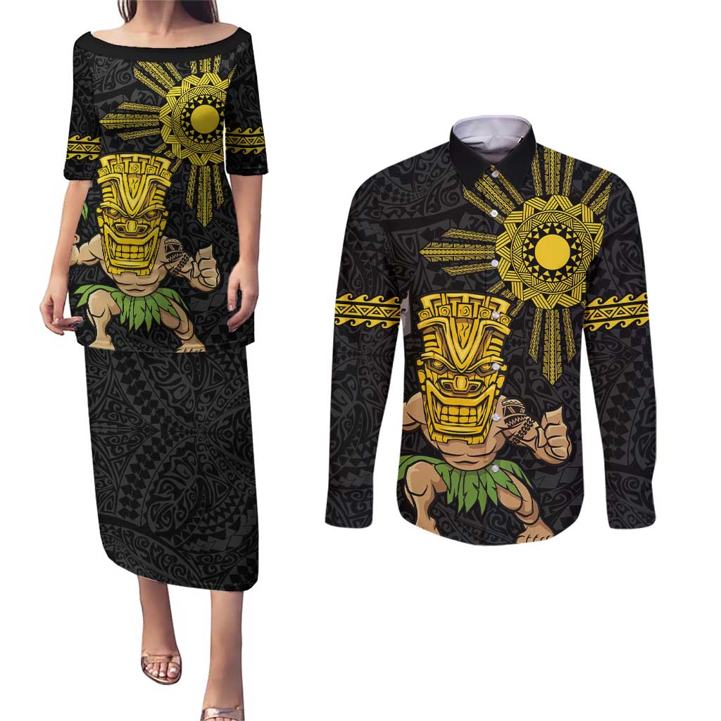Hawaii and Philippines Together Couples Matching Puletasi and Long Sleeve Button Shirt Warrior Tiki Mask and Filipino Sun Polynesian Style
