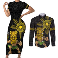 Hawaii and Philippines Together Couples Matching Short Sleeve Bodycon Dress and Long Sleeve Button Shirt Warrior Tiki Mask and Filipino Sun Polynesian Style