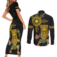 Hawaii and Philippines Together Couples Matching Short Sleeve Bodycon Dress and Long Sleeve Button Shirt Warrior Tiki Mask and Filipino Sun Polynesian Style